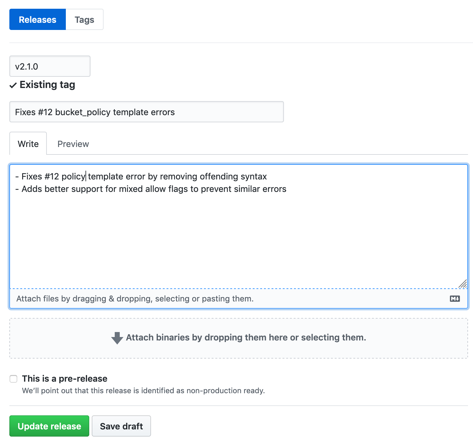 Screenshot of a release draft