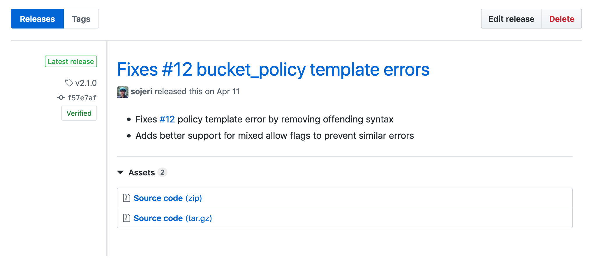 Screenshot of a published release